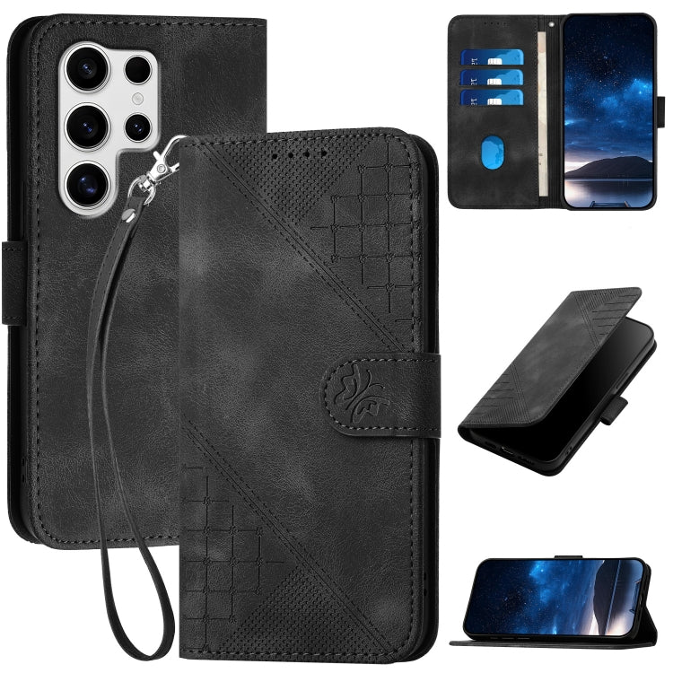 For Samsung Galaxy S25 Ultra 5G YX0080 Grid Butterfly Embossed Pattern Flip Leather Phone Case with Lanyard(Black) - Galaxy S25 Ultra 5G Cases by PMC Jewellery | Online Shopping South Africa | PMC Jewellery | Buy Now Pay Later Mobicred