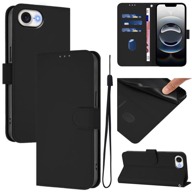 For iPhone 16e Skin Feel Solid Color Leather Phone Case with Lanyard(Black) - iPhone 16e Cases by PMC TechLife | Online Shopping South Africa | PMC TechLife | Buy Now Pay Later Mobicred