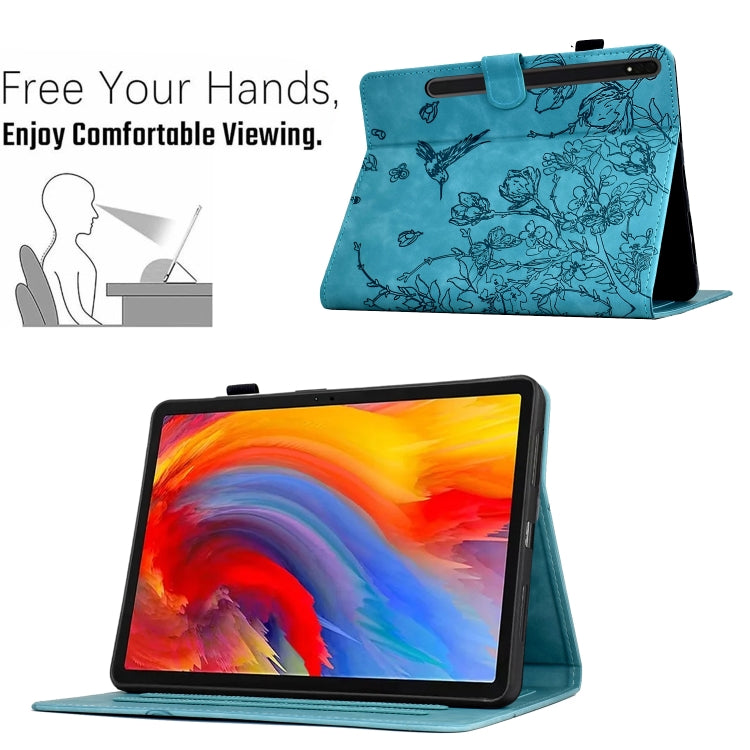 For Samsung Galaxy Tab S9 Flowers and Bird Embossed Smart Leather Tablet Case(Light Blue) - Galaxy Tab S9 Cases by PMC Jewellery | Online Shopping South Africa | PMC Jewellery | Buy Now Pay Later Mobicred