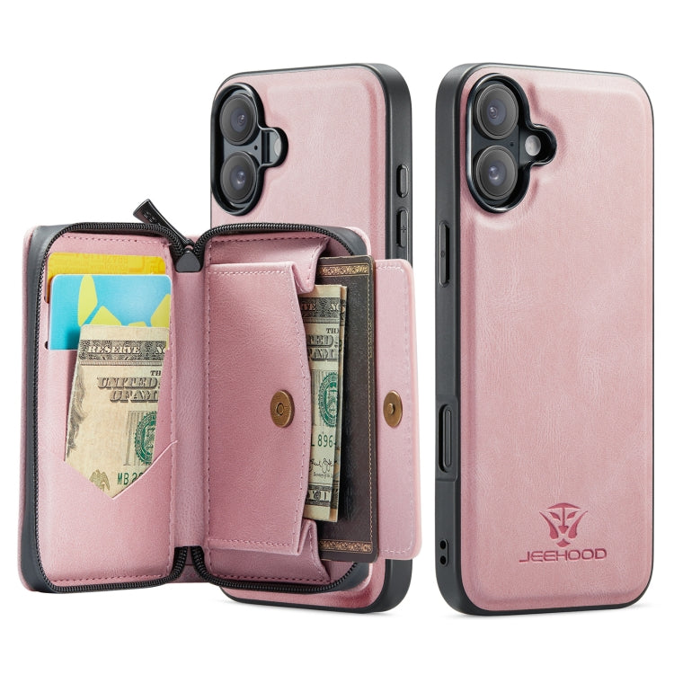 For iPhone 16 JEEHOOD J02 Magnetic Zipper Horizontal Flip Leather Phone Case(Pink) - iPhone 16 Cases by JEEHOOD | Online Shopping South Africa | PMC Jewellery | Buy Now Pay Later Mobicred