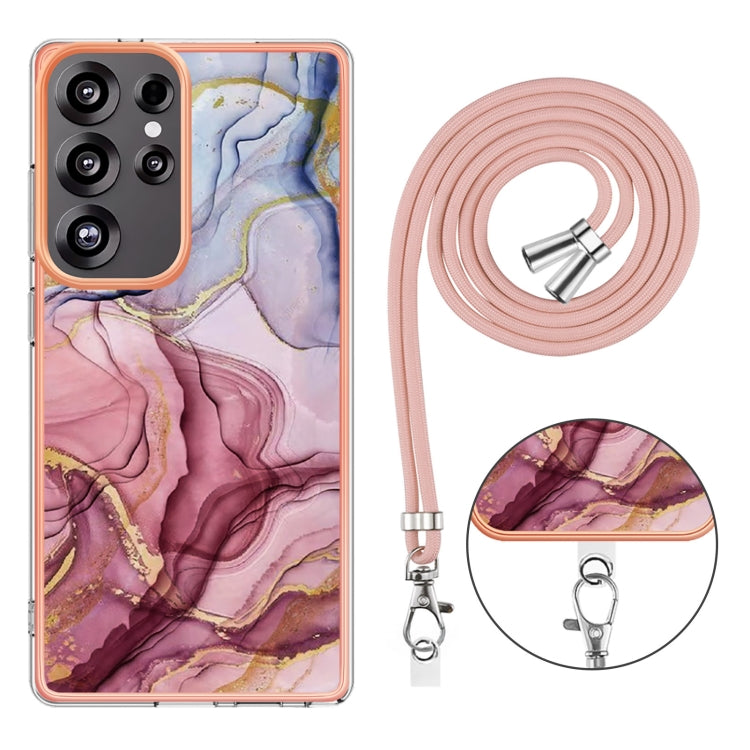 For Samsung Galaxy S25 Ultra 5G Electroplating Marble Dual-side IMD Phone Case with Lanyard(Rose Red 014) - Galaxy S25 Ultra 5G Cases by PMC Jewellery | Online Shopping South Africa | PMC Jewellery | Buy Now Pay Later Mobicred