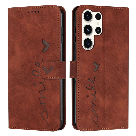 For Samsung Galaxy S25 Ultra 5G Skin Feel Heart Embossed Leather Phone Case with Long Lanyard(Brown) - Galaxy S25 Ultra 5G Cases by PMC Jewellery | Online Shopping South Africa | PMC Jewellery | Buy Now Pay Later Mobicred