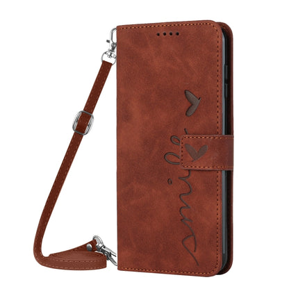 For Samsung Galaxy S25+ / S24+ 5G Skin Feel Heart Embossed Leather Phone Case with Long Lanyard(Brown) - Galaxy S25+ 5G Cases by PMC Jewellery | Online Shopping South Africa | PMC Jewellery | Buy Now Pay Later Mobicred