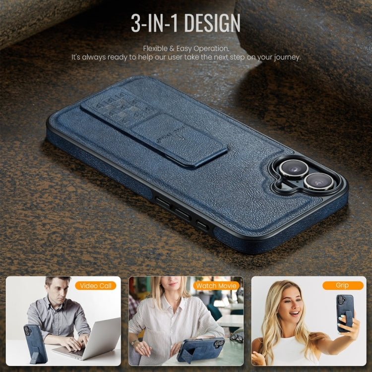 For iPhone 16 Plus Fierre Shann Oil Wax Cow Leather Holder Back Phone Case(Blue) - iPhone 16 Plus Cases by FIERRE SHANN | Online Shopping South Africa | PMC Jewellery | Buy Now Pay Later Mobicred