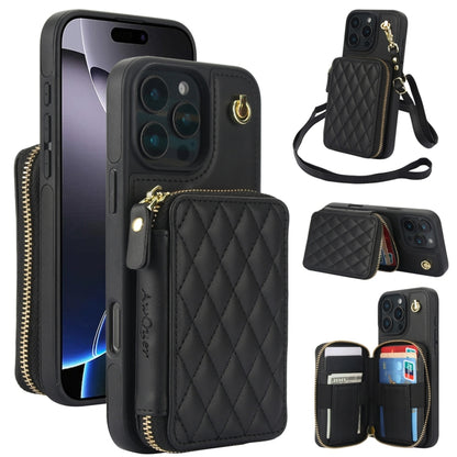 For iPhone 16 Pro Max AwQuer Crossbody Zipper Wallet Rhombic Leather Back Phone Case(Black) - iPhone 16 Pro Max Cases by Awquer | Online Shopping South Africa | PMC Jewellery | Buy Now Pay Later Mobicred