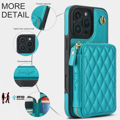 For iPhone 16 Pro Max AwQuer Crossbody Zipper Wallet Rhombic Leather Back Phone Case(Green) - iPhone 16 Pro Max Cases by Awquer | Online Shopping South Africa | PMC Jewellery | Buy Now Pay Later Mobicred