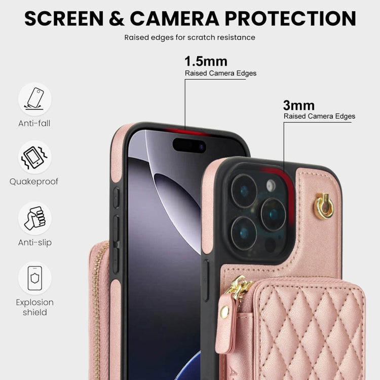 For iPhone 16 Pro Max AwQuer Crossbody Zipper Wallet Rhombic Leather Back Phone Case(Rose Gold) - iPhone 16 Pro Max Cases by Awquer | Online Shopping South Africa | PMC Jewellery | Buy Now Pay Later Mobicred