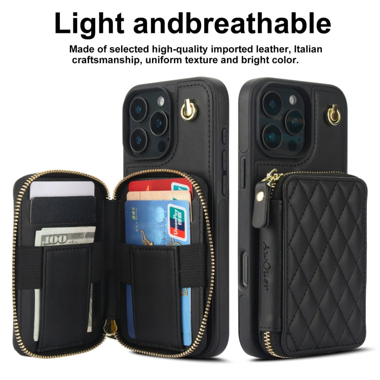 For iPhone 16 Pro AwQuer Crossbody Zipper Wallet Rhombic Leather Back Phone Case(Black) - free shipping - PMC Jewellery - Order now!