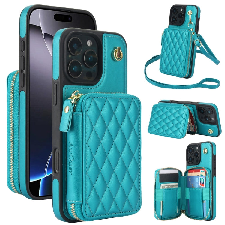 For iPhone 16 Pro AwQuer Crossbody Zipper Wallet Rhombic Leather Back Phone Case(Green) - iPhone 16 Pro Cases by Awquer | Online Shopping South Africa | PMC Jewellery | Buy Now Pay Later Mobicred