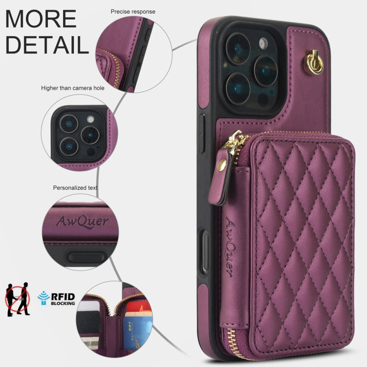 For iPhone 16 Pro AwQuer Crossbody Zipper Wallet Rhombic Leather Back Phone Case(Dark Purple) - iPhone 16 Pro Cases by Awquer | Online Shopping South Africa | PMC Jewellery | Buy Now Pay Later Mobicred