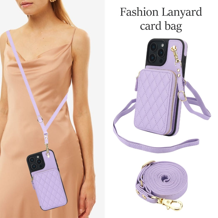 For iPhone 16 Pro AwQuer Crossbody Zipper Wallet Rhombic Leather Back Phone Case(Purple) - iPhone 16 Pro Cases by Awquer | Online Shopping South Africa | PMC Jewellery | Buy Now Pay Later Mobicred