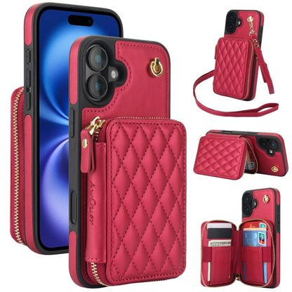 For iPhone 16 Plus AwQuer Crossbody Zipper Wallet Rhombic Leather Back Phone Case(Red) - iPhone 16 Plus Cases by Awquer | Online Shopping South Africa | PMC Jewellery | Buy Now Pay Later Mobicred