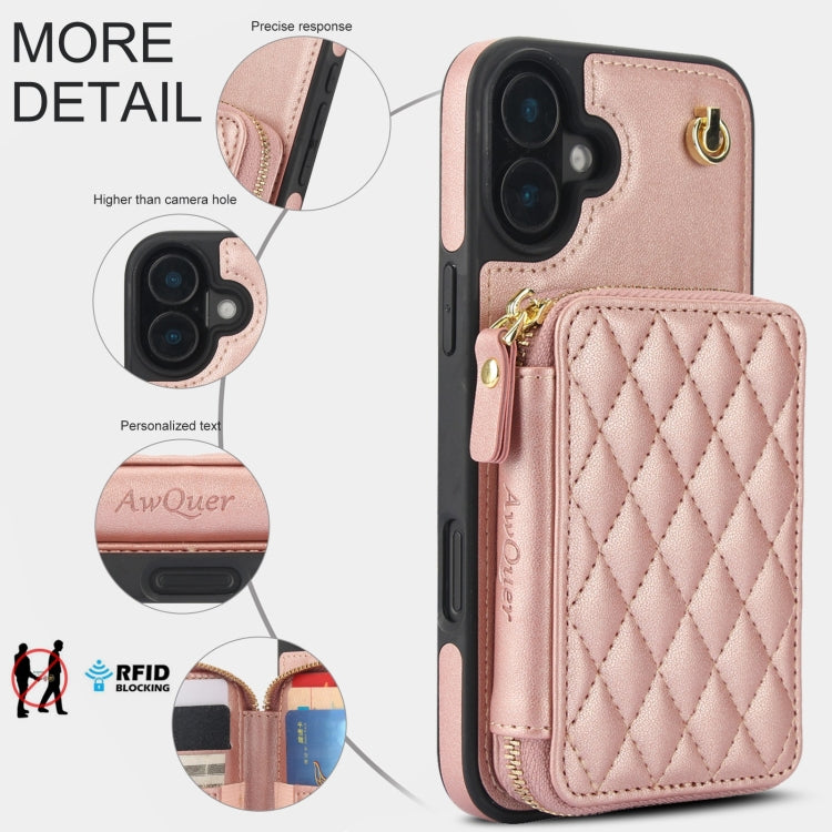 For iPhone 16 Plus AwQuer Crossbody Zipper Wallet Rhombic Leather Back Phone Case(Rose Gold) - iPhone 16 Plus Cases by Awquer | Online Shopping South Africa | PMC Jewellery | Buy Now Pay Later Mobicred