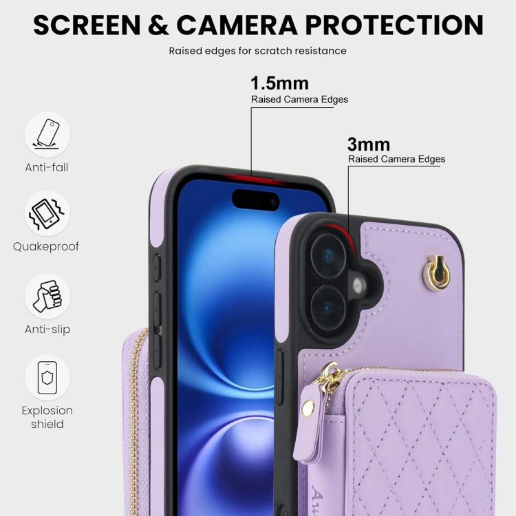 For iPhone 16 Plus AwQuer Crossbody Zipper Wallet Rhombic Leather Back Phone Case(Purple) - iPhone 16 Plus Cases by Awquer | Online Shopping South Africa | PMC Jewellery | Buy Now Pay Later Mobicred