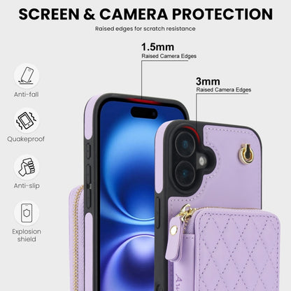 For iPhone 16 Plus AwQuer Crossbody Zipper Wallet Rhombic Leather Back Phone Case(Purple) - iPhone 16 Plus Cases by Awquer | Online Shopping South Africa | PMC Jewellery | Buy Now Pay Later Mobicred