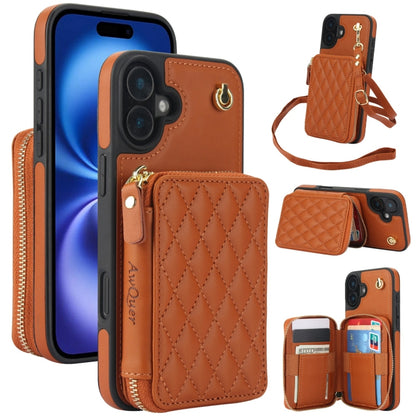 For iPhone 16 AwQuer Crossbody Zipper Wallet Rhombic Leather Back Phone Case(Brown) - iPhone 16 Cases by Awquer | Online Shopping South Africa | PMC Jewellery | Buy Now Pay Later Mobicred