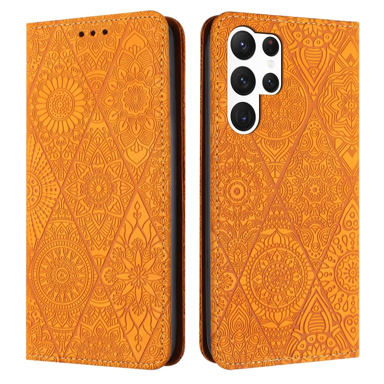 For Samsung Galaxy S25 Ultra 5G Ethnic Embossed Adsorption Leather Phone Case(Yellow) - Galaxy S25 Ultra 5G Cases by PMC Jewellery | Online Shopping South Africa | PMC Jewellery | Buy Now Pay Later Mobicred