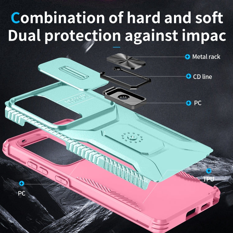 For Samsung Galaxy S25 Ultra 5G Sliding Camshield Holder Phone Case(Grey Green + Pink) - Galaxy S25 Ultra 5G Cases by PMC Jewellery | Online Shopping South Africa | PMC Jewellery | Buy Now Pay Later Mobicred