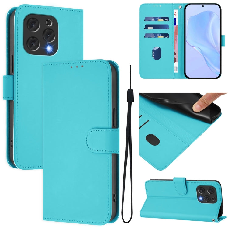 For Doogee N55 Plus Skin Feel Solid Color Leather Phone Case with Lanyard(Lake Blue) - Doogee Cases by PMC TechLife | Online Shopping South Africa | PMC TechLife | Buy Now Pay Later Mobicred