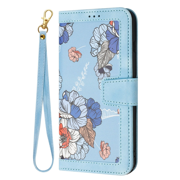 For iPhone 16e Floral Pattern Leather Phone Case with Lanyard(Light Blue) - iPhone 16e Cases by PMC TechLife | Online Shopping South Africa | PMC TechLife | Buy Now Pay Later Mobicred