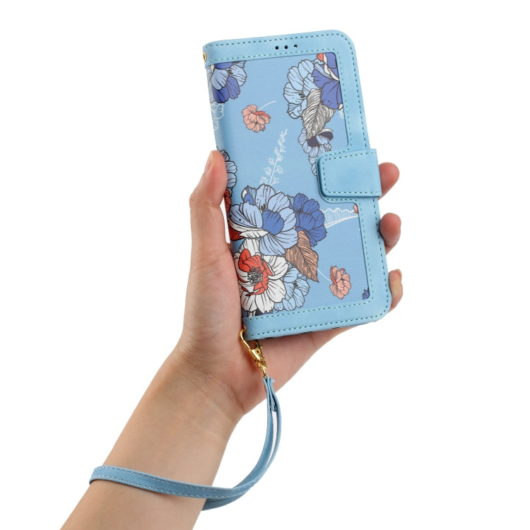 For iPhone 16e Floral Pattern Leather Phone Case with Lanyard(Light Blue) - iPhone 16e Cases by PMC TechLife | Online Shopping South Africa | PMC TechLife | Buy Now Pay Later Mobicred
