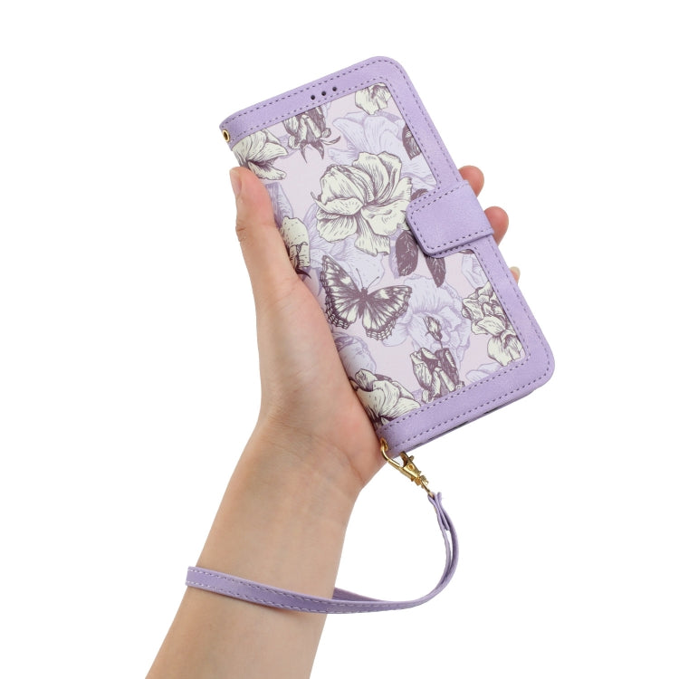 For iPhone 16e Floral Pattern Leather Phone Case with Lanyard(Light Purple) - iPhone 16e Cases by PMC TechLife | Online Shopping South Africa | PMC TechLife | Buy Now Pay Later Mobicred