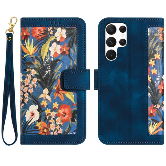 For Samsung Galaxy S25 Ultra 5G Floral Pattern Leather Phone Case with Lanyard(Dark Blue) - Galaxy S25 Ultra 5G Cases by PMC Jewellery | Online Shopping South Africa | PMC Jewellery | Buy Now Pay Later Mobicred