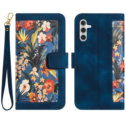 For Samsung Galaxy S25+ 5G Floral Pattern Leather Phone Case with Lanyard(Dark Blue) - Galaxy S25+ 5G Cases by PMC Jewellery | Online Shopping South Africa | PMC Jewellery | Buy Now Pay Later Mobicred