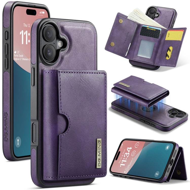 For iPhone 16 DG.MING M6 Series RFID Tri-fold Card Bag Removable Leather Phone Case(Purple) - iPhone 16 Cases by DG.MING | Online Shopping South Africa | PMC Jewellery | Buy Now Pay Later Mobicred