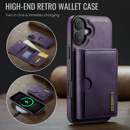 For iPhone 16 DG.MING M6 Series RFID Tri-fold Card Bag Removable Leather Phone Case(Purple) - iPhone 16 Cases by DG.MING | Online Shopping South Africa | PMC Jewellery | Buy Now Pay Later Mobicred