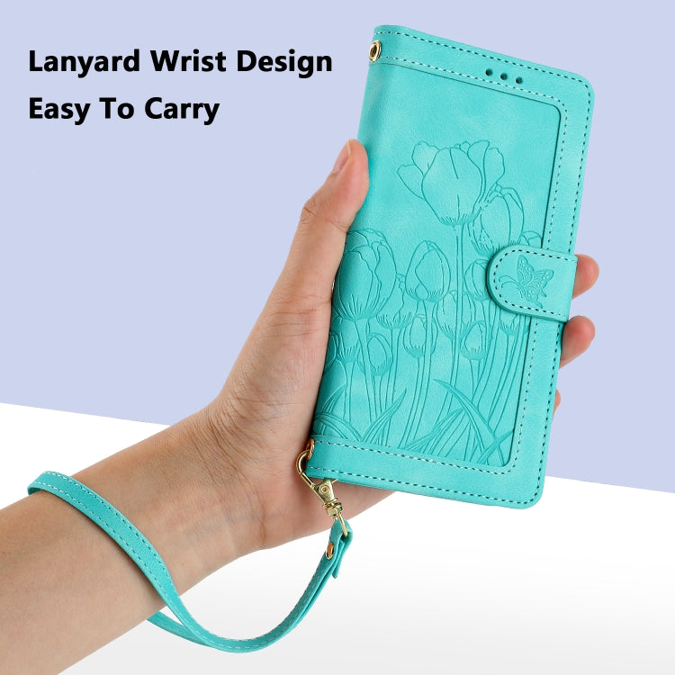 For iPhone 16e Tulips Embossed Leather Phone Case with Lanyard(Green) - iPhone 16e Cases by PMC TechLife | Online Shopping South Africa | PMC TechLife | Buy Now Pay Later Mobicred