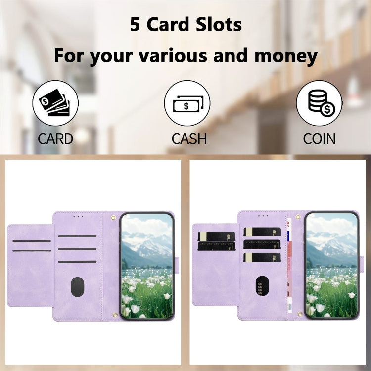 For iPhone 16e Tulips Embossed Leather Phone Case with Lanyard(Purple) - iPhone 16e Cases by PMC TechLife | Online Shopping South Africa | PMC TechLife | Buy Now Pay Later Mobicred