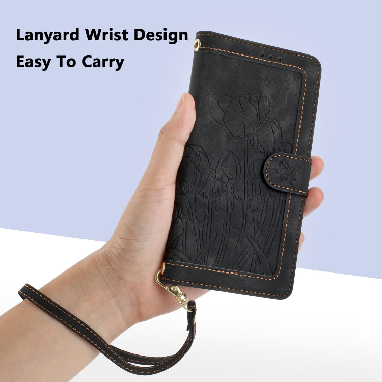 For iPhone 16e Tulips Embossed Leather Phone Case with Lanyard(Black) - iPhone 16e Cases by PMC TechLife | Online Shopping South Africa | PMC TechLife | Buy Now Pay Later Mobicred