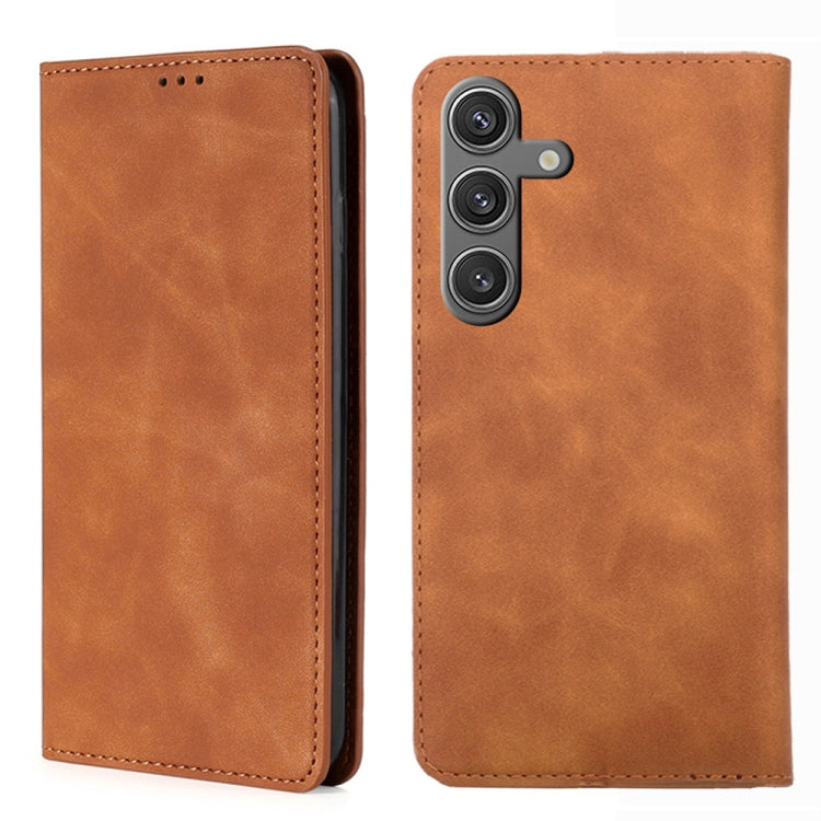 For Samsung Galaxy S25 5G Skin Feel Magnetic Leather Phone Case(Light Brown) - Galaxy S25 5G Cases by PMC Jewellery | Online Shopping South Africa | PMC Jewellery | Buy Now Pay Later Mobicred