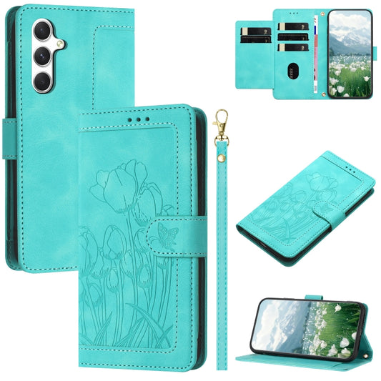 For Samsung Galaxy S25 5G Tulips Embossed Leather Phone Case with Lanyard(Green) - Galaxy S25 5G Cases by PMC Jewellery | Online Shopping South Africa | PMC Jewellery | Buy Now Pay Later Mobicred