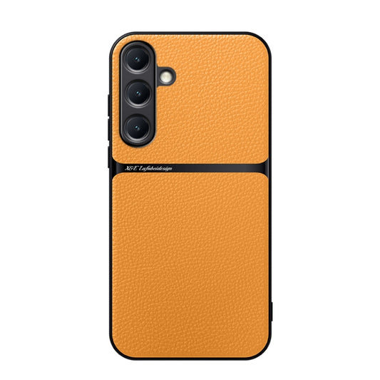 For Samsung Galaxy S25 5G Litchi Leather Magnetic Full Coverage Shockproof Phone Case(Yellow) - Galaxy S25 5G Cases by PMC Jewellery | Online Shopping South Africa | PMC Jewellery | Buy Now Pay Later Mobicred