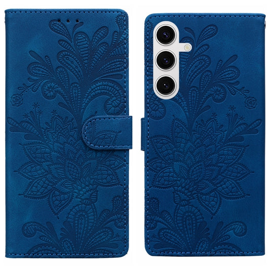 For Samsung Galaxy S25+ 5G Lace Floral Embossed Magnetic Buckle PU Phone Case With Wrist Strap(Blue) - Galaxy S25+ 5G Cases by PMC Jewellery | Online Shopping South Africa | PMC Jewellery | Buy Now Pay Later Mobicred