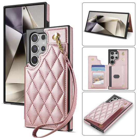 For Samsung Galaxy S25 Ultra 5G Rhombic Dual Buckle Card Slots Phone Case with Lanyard(Rose Gold) - Galaxy S25 Ultra 5G Cases by PMC Jewellery | Online Shopping South Africa | PMC Jewellery | Buy Now Pay Later Mobicred