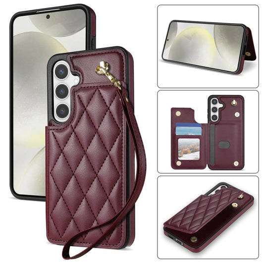 For Samsung Galaxy S25+ 5G Rhombic Dual Buckle Card Slots Phone Case with Lanyard(Wine Red) - Galaxy S25+ 5G Cases by PMC Jewellery | Online Shopping South Africa | PMC Jewellery | Buy Now Pay Later Mobicred