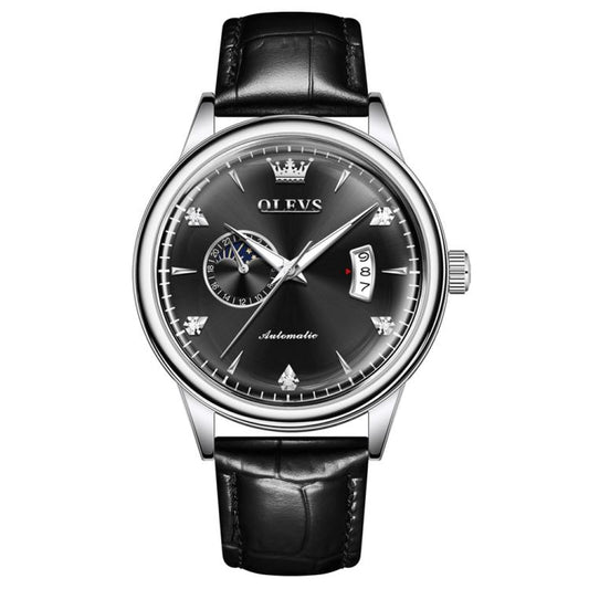 OLEVS 7040 Men Sun Moon Star Luminous Waterproof Mechanical Watch(Black) - Leather Strap Watches by OLEVS | Online Shopping South Africa | PMC Jewellery | Buy Now Pay Later Mobicred