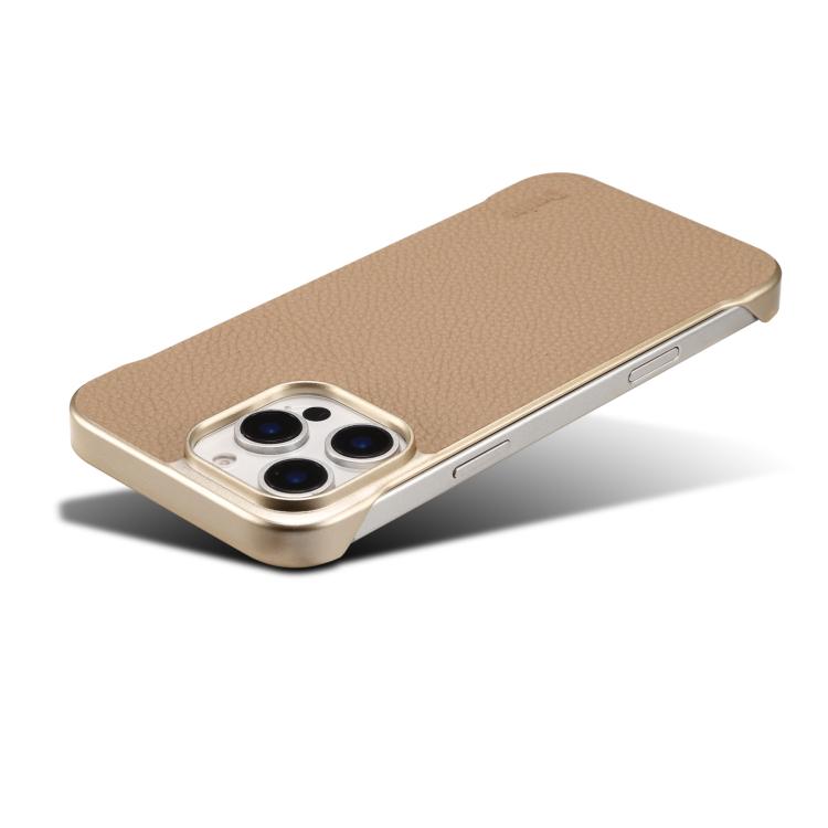 For iPhone 16 Pro Denior A20 Genuine Leather Litchi Texture MagSafe Frameless Phone Case(Khaki) - free shipping - PMc TechLife - Order now!