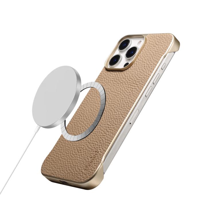 For iPhone 16 Pro Denior A20 Genuine Leather Litchi Texture MagSafe Frameless Phone Case(Khaki) - free shipping - PMc TechLife - Order now!