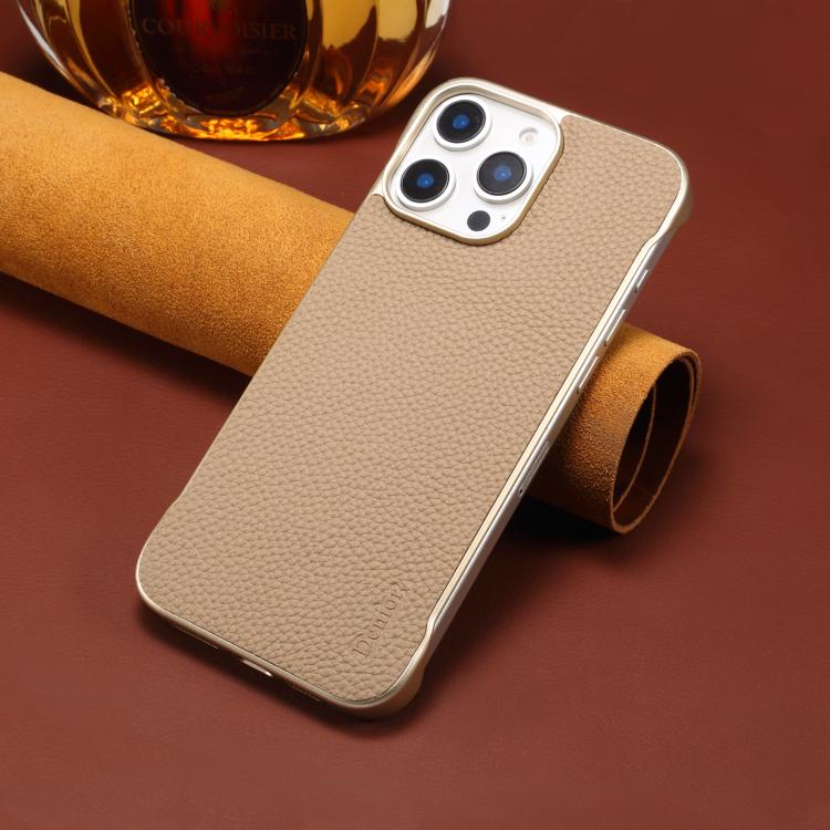 For iPhone 16 Pro Max Denior A20 Genuine Leather Litchi Texture MagSafe Frameless Phone Case(Khaki) - free shipping - PMc TechLife - Order now!