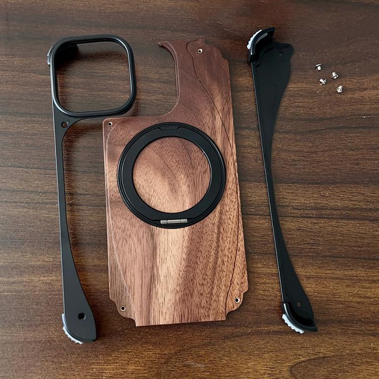 For iPhone 16 Pro Walnut Metal Frameless 360 Degree Rotation Holder MagSafe Phone Case(Black) - free shipping - PMC TechLife - Order now!