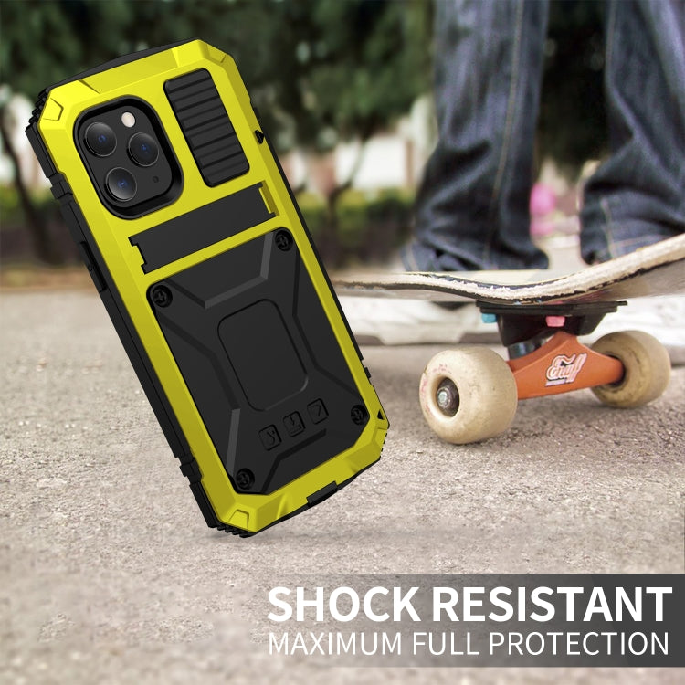 For iPhone 12 / 12 Pro R-JUST Shockproof Waterproof Dust-proof Metal + Silicone Protective Case with Holder(Yellow) - iPhone 12 / 12 Pro Cases by R-JUST | Online Shopping South Africa | PMC Jewellery | Buy Now Pay Later Mobicred