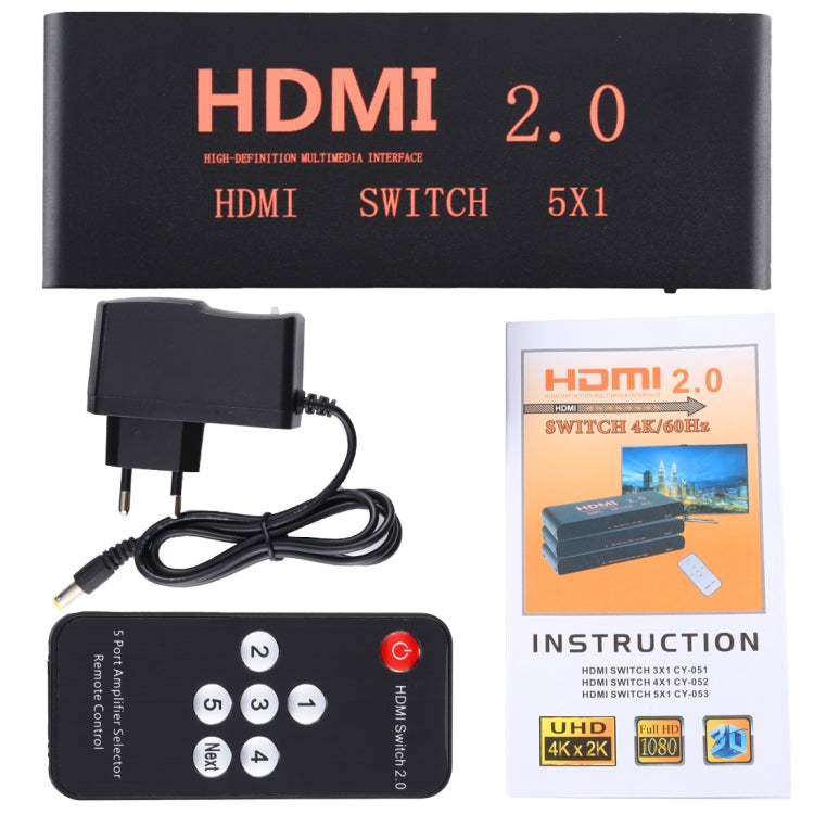 5X1 4K/60Hz HDMI 2.0 Switch with Remote Control, EU Plug - Switch by PMC Jewellery | Online Shopping South Africa | PMC Jewellery | Buy Now Pay Later Mobicred