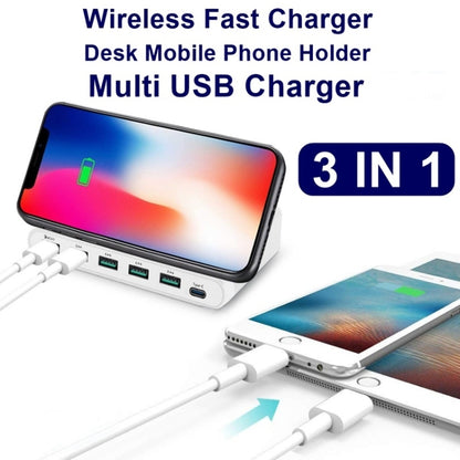 828W 7 in 1 60W QC 3.0 USB Interface + 4 USB Ports + USB-C / Type-C Interface + Wireless Charging Multi-function Charger with Mobile Phone Holder Function, UK Plug(White) - Multifunction Charger by PMC Jewellery | Online Shopping South Africa | PMC Jewellery | Buy Now Pay Later Mobicred