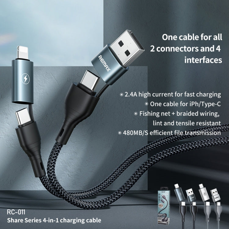 REMAX RC-011 1.2m 2.4A 4-in-1 USB to USB-C / Type-Cx2 + 8 Pin Fast Charging Data Cable(Black) - Multifunction Cable by REMAX | Online Shopping South Africa | PMC Jewellery | Buy Now Pay Later Mobicred