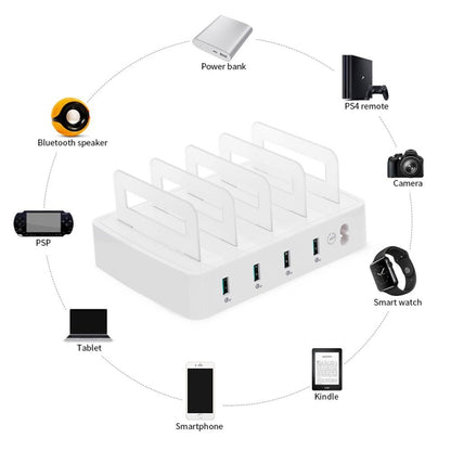 659Q 80W 4 Ports QC3.0 Fast Charging Dock USB Smart Charger with Phone & Tablet Holder, US Plug(White) - Multifunction Charger by PMC Jewellery | Online Shopping South Africa | PMC Jewellery | Buy Now Pay Later Mobicred