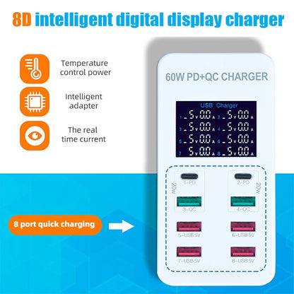 A8T 60W 8 Ports USB + QC3.0 + PD Type-C Smart Charging Station with Digital Display AC100-240V, UK Plug - Multifunction Charger by PMC Jewellery | Online Shopping South Africa | PMC Jewellery | Buy Now Pay Later Mobicred